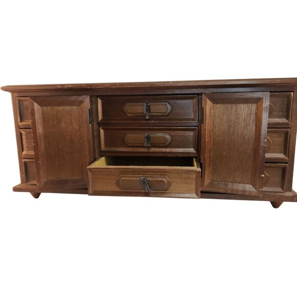 Vintage Wooden Jewelry Box Storage Chest With Drawers & Cabinet 18"L x 7"H - Picture 2 of 16